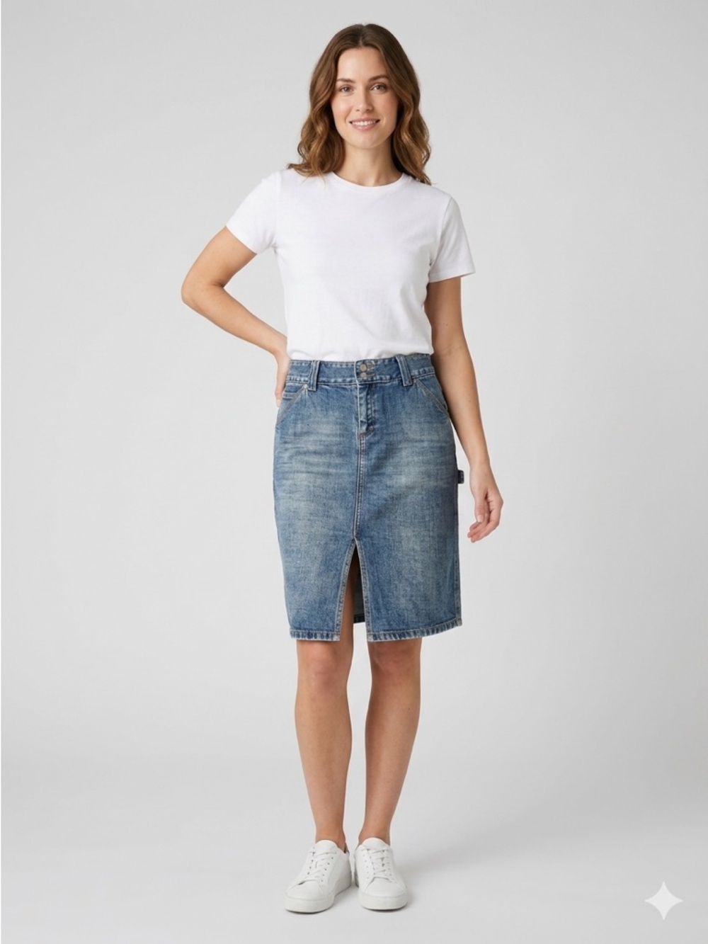 J. Crew Denim Pencil Skirt in Washed Blue with Front Slit